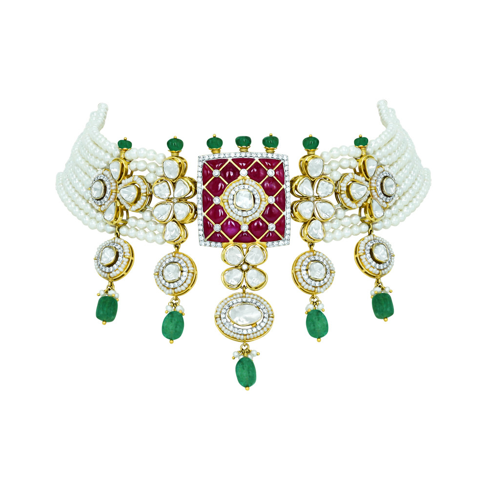 Pearl Choker with Ruby Talaf, Polki, and Emerald Drops